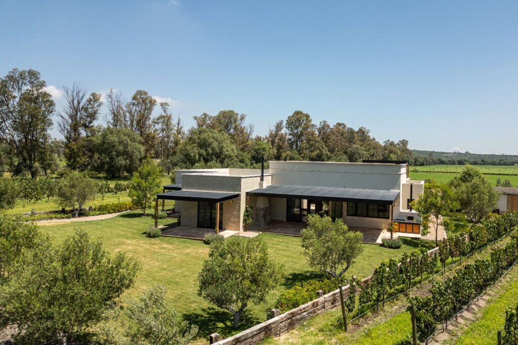 Vista aérea de residencia moderna rodeada de viñedos y áreas verdes en desarrollo de comunidad cerrada, San Miguel de Allende