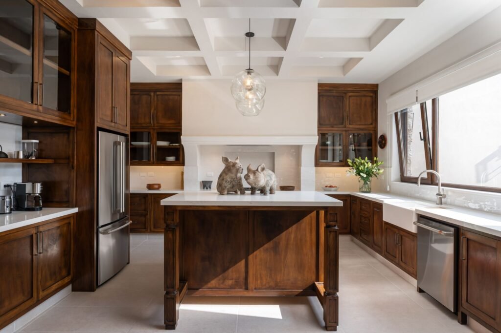 Cocina clásica con gabinetes de madera oscura e isla central en propiedad del barrio Balcones, San Miguel de Allende