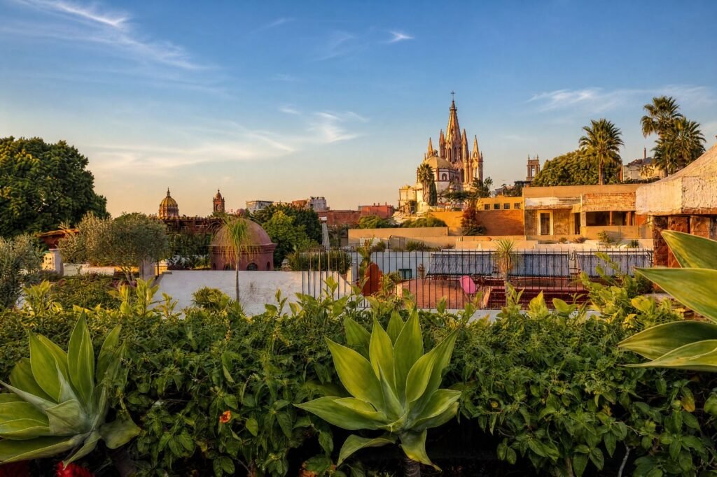 Atardecer sobre los tejados del Centro Histórico con vista panorámica a la Parroquia de San Miguel Arcángel, San Miguel de Allende