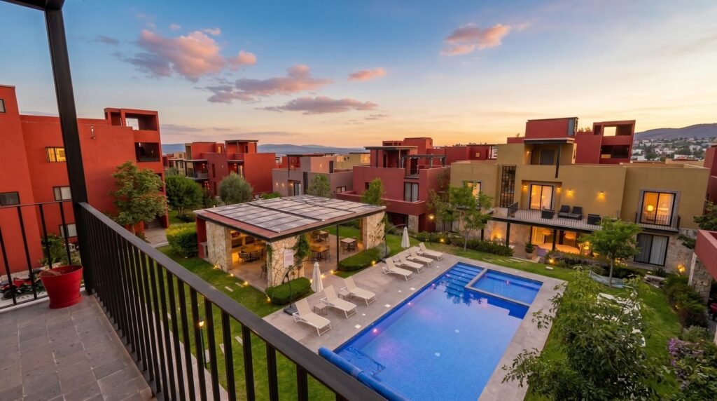 Vista desde balcón hacia la alberca y el complejo residencial Luna 108 al atardecer, La Lejona, San Miguel de Allende