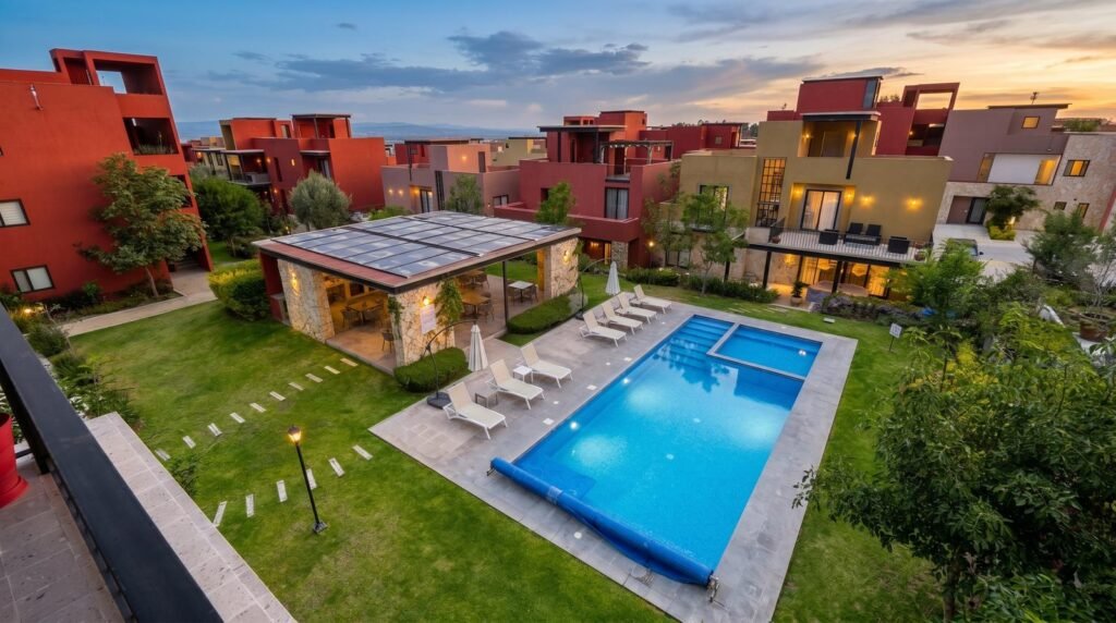 Vista aérea del complejo residencial Luna 108 con alberca central al atardecer en La Lejona, San Miguel de Allende