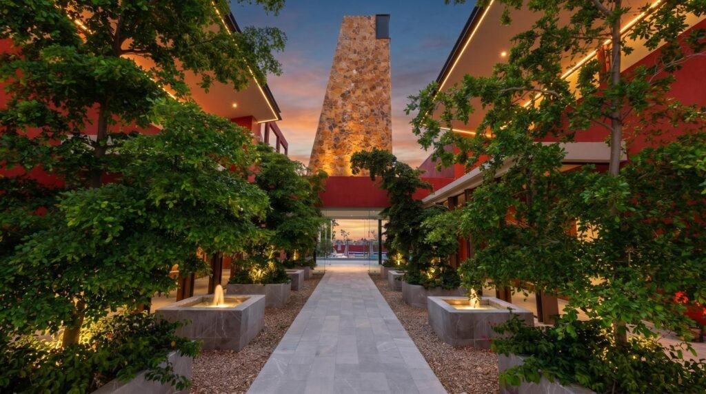 Entrada iluminada de la casa club Luna 108 con fuentes y torre de piedra, La Lejona, San Miguel de Allende