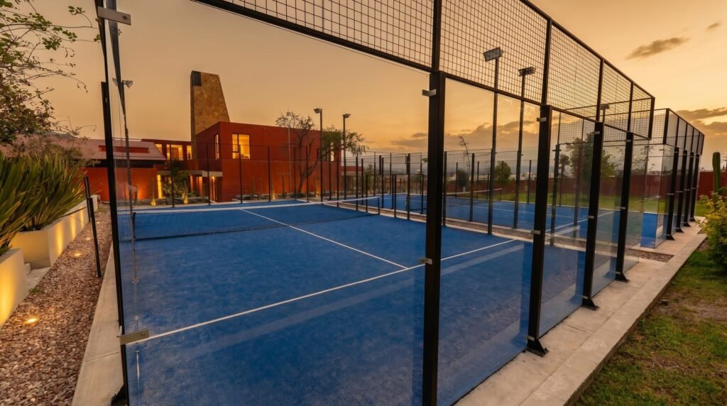 Cancha de pádel al atardecer en la casa club de Luna 108, La Lejona, San Miguel de Allende
