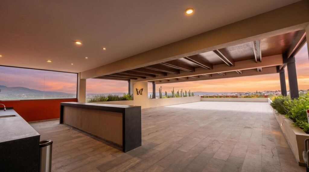 Bar en terraza cubierta con vista panorámica al atardecer sobre San Miguel de Allende, casa club de Luna 108, La Lejona